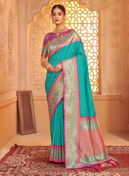 Turquoise Banarasi Silk Saree Blouse Piece Elegant