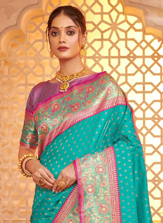 Turquoise Banarasi Silk Saree Blouse Piece Elegant