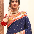 Elegant Navy Blue Silk Saree with Multicolor Border Red Blouse