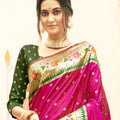 Vibrant Magenta Silk Saree with Green Zari Border Multicolor