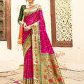 Vibrant Magenta Silk Saree with Green Zari Border Multicolor