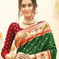 Elegant Green Silk Saree with Peach Zari Border Multicolor