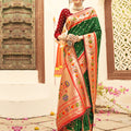 Elegant Green Silk Saree with Peach Zari Border Multicolor 