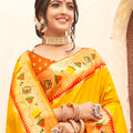 Bright Yellow Silk Saree with Orange Zari Border Multicolor