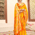 Bright Yellow Silk Saree with Orange Zari Border Multicolor