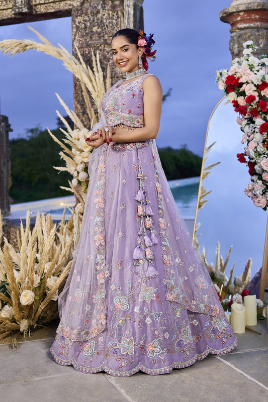 Elegant Lavender Embroidered Satin Silk Lehenga Choli with Dupatta