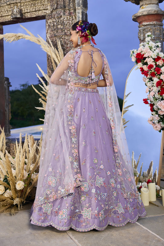Elegant Lavender Embroidered Satin Silk Lehenga Choli with Dupatta
