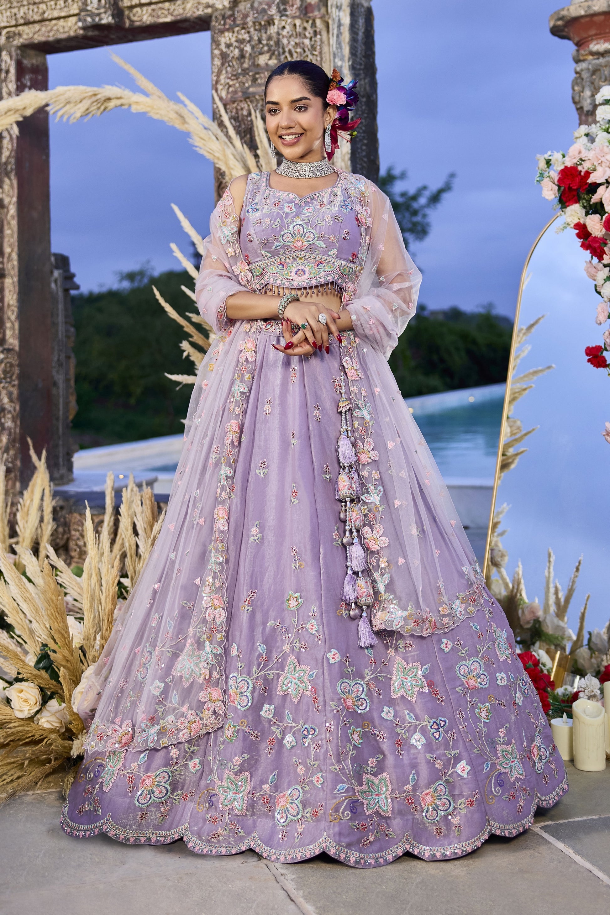 Elegant Lavender Embroidered Satin Silk Lehenga Choli with Dupatta