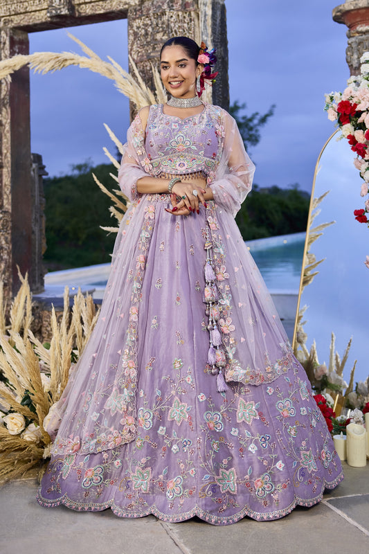 Elegant Lavender Embroidered Satin Silk Lehenga Choli with Dupatta