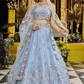Designer Sky Blue Embroidered Satin Silk Lehenga Choli with Dupatta
