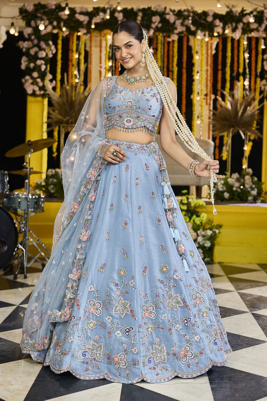 Designer Sky Blue Embroidered Satin Silk Lehenga Choli with Dupatta