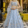 Designer Sky Blue Embroidered Satin Silk Lehenga Choli with Dupatta