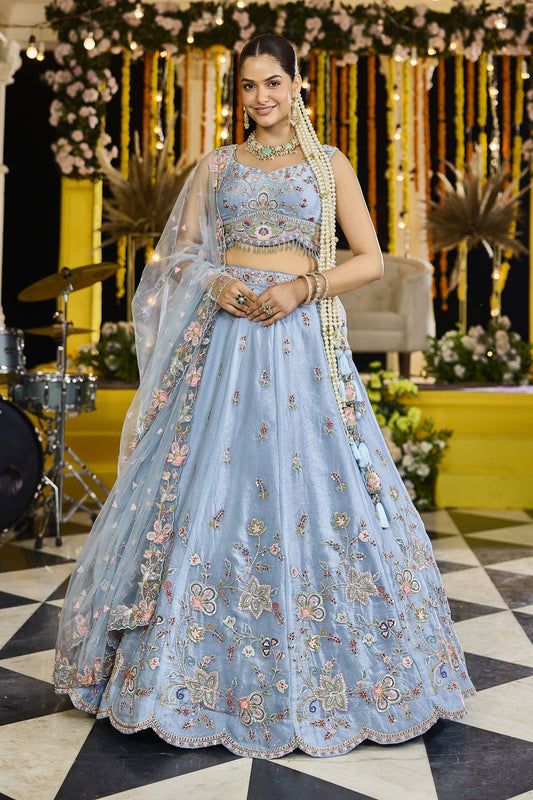 Designer Sky Blue Embroidered Satin Silk Lehenga Choli with Dupatta