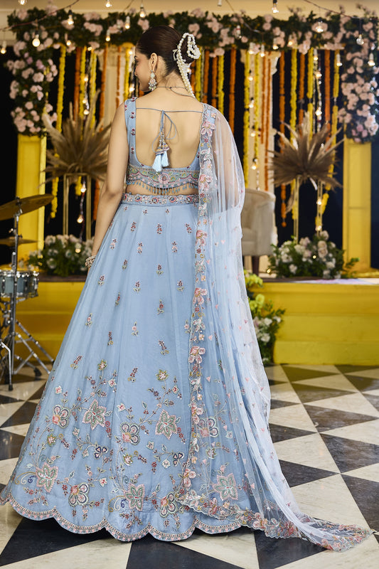 Designer Sky Blue Embroidered Satin Silk Lehenga Choli with Dupatta