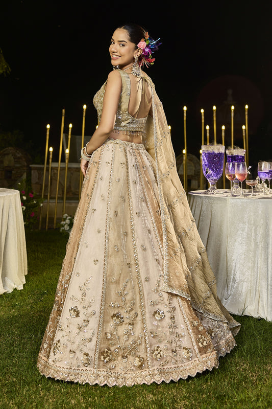 Stylish Beige Satin Silk Embroidered Wedding Lehenga Choli with Dupatta