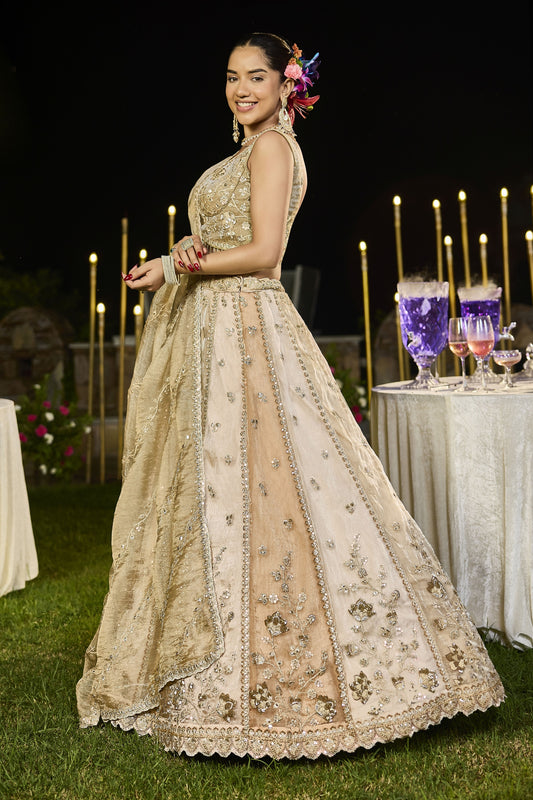 Stylish Beige Satin Silk Embroidered Wedding Lehenga Choli with Dupatta