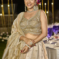 Stylish Beige Satin Silk Embroidered Wedding Lehenga Choli with Dupatta