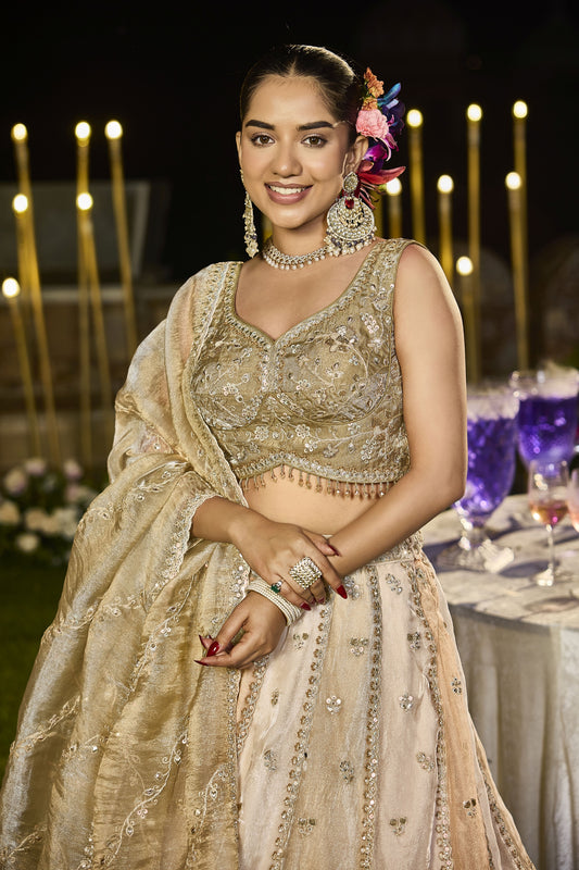 Stylish Beige Satin Silk Embroidered Wedding Lehenga Choli with Dupatta