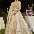 Stylish Beige Satin Silk Embroidered Wedding Lehenga Choli with Dupatta