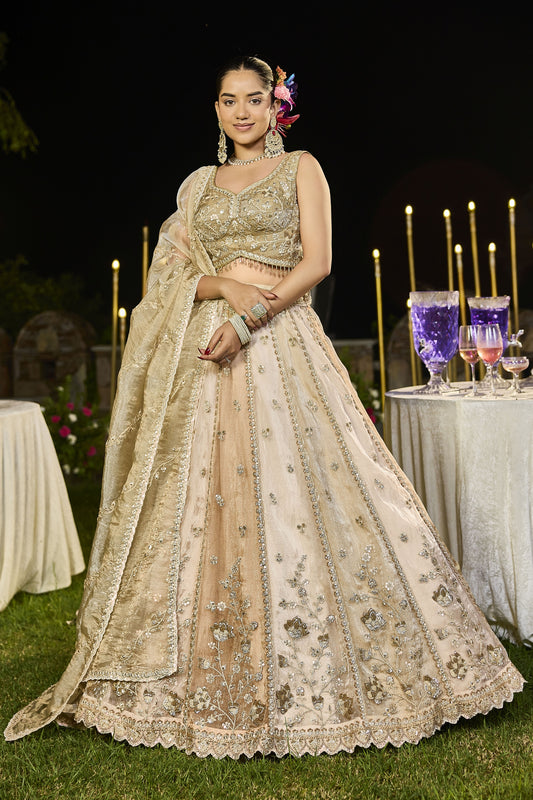Stylish Beige Satin Silk Embroidered Wedding Lehenga Choli with Dupatta