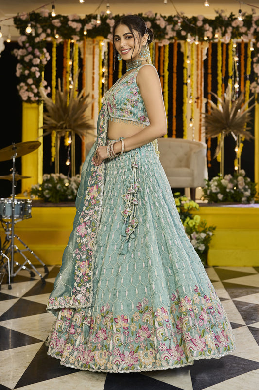 Fancy Sea Green Satin Silk Embroidered Lehenga Choli with Dupatta
