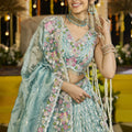 Fancy Sea Green Satin Silk Embroidered Lehenga Choli with Dupatta
