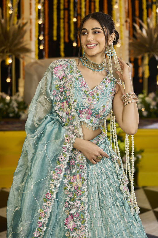 Fancy Sea Green Satin Silk Embroidered Lehenga Choli with Dupatta