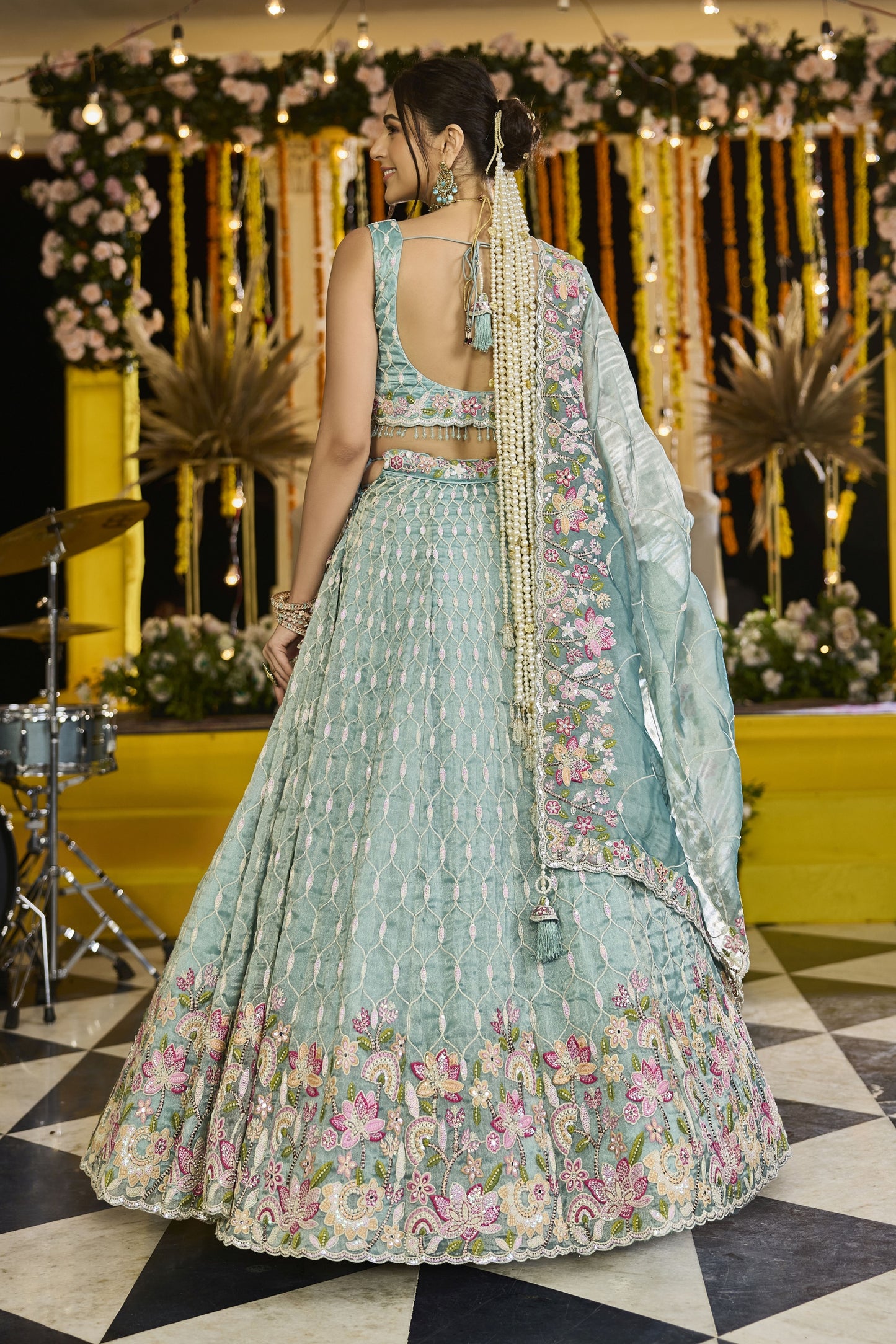 Fancy Sea Green Satin Silk Embroidered Lehenga Choli with Dupatta