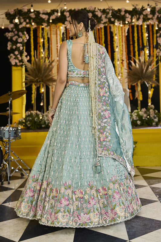 Fancy Sea Green Satin Silk Embroidered Lehenga Choli with Dupatta