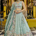 Fancy Sea Green Satin Silk Embroidered Lehenga Choli with Dupatta