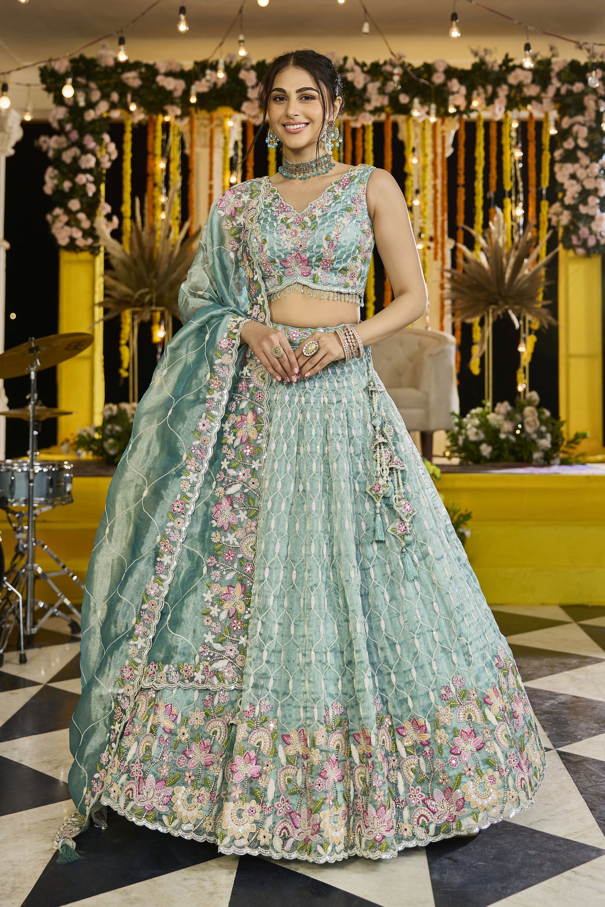 Fancy Sea Green Satin Silk Embroidered Lehenga Choli with Dupatta