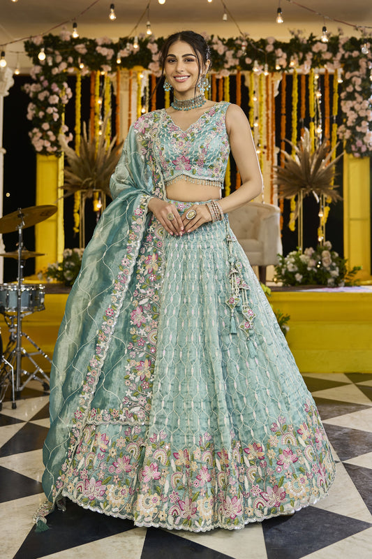 Fancy Sea Green Satin Silk Embroidered Lehenga Choli with Dupatta