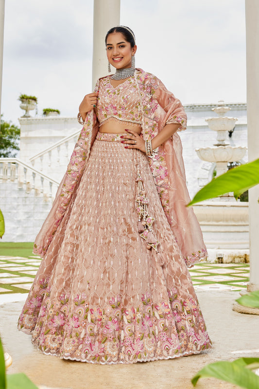 Lovely Peach Satin Silk Embroidered Lehenga Choli with Dupatta