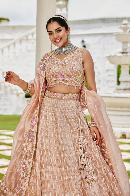 Lovely Peach Satin Silk Embroidered Lehenga Choli with Dupatta