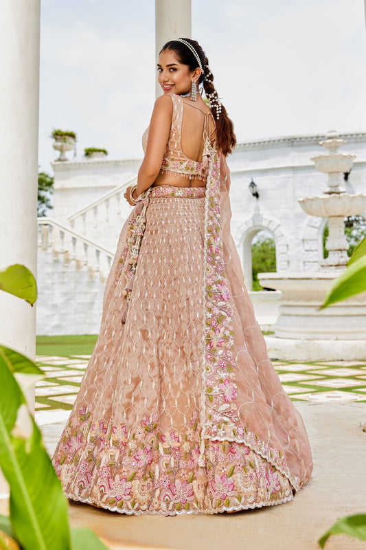 Lovely Peach Satin Silk Embroidered Lehenga Choli with Dupatta
