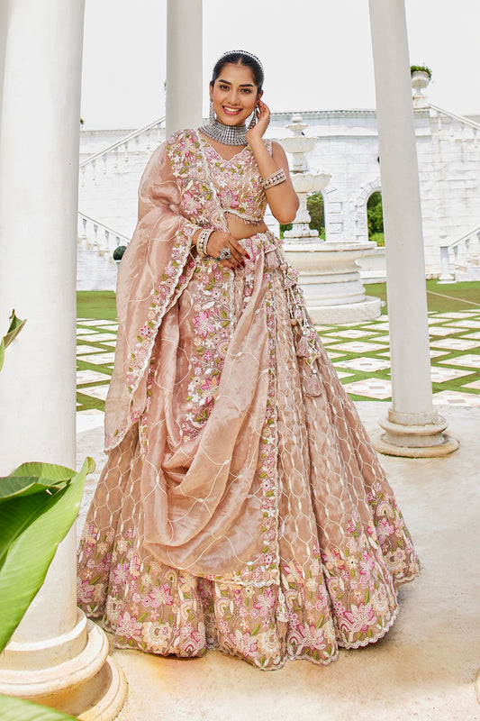 Lovely Peach Satin Silk Embroidered Lehenga Choli with Dupatta