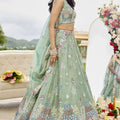 Latest Pista Green Satin Silk Embroidered Lehenga Choli with Dupatta