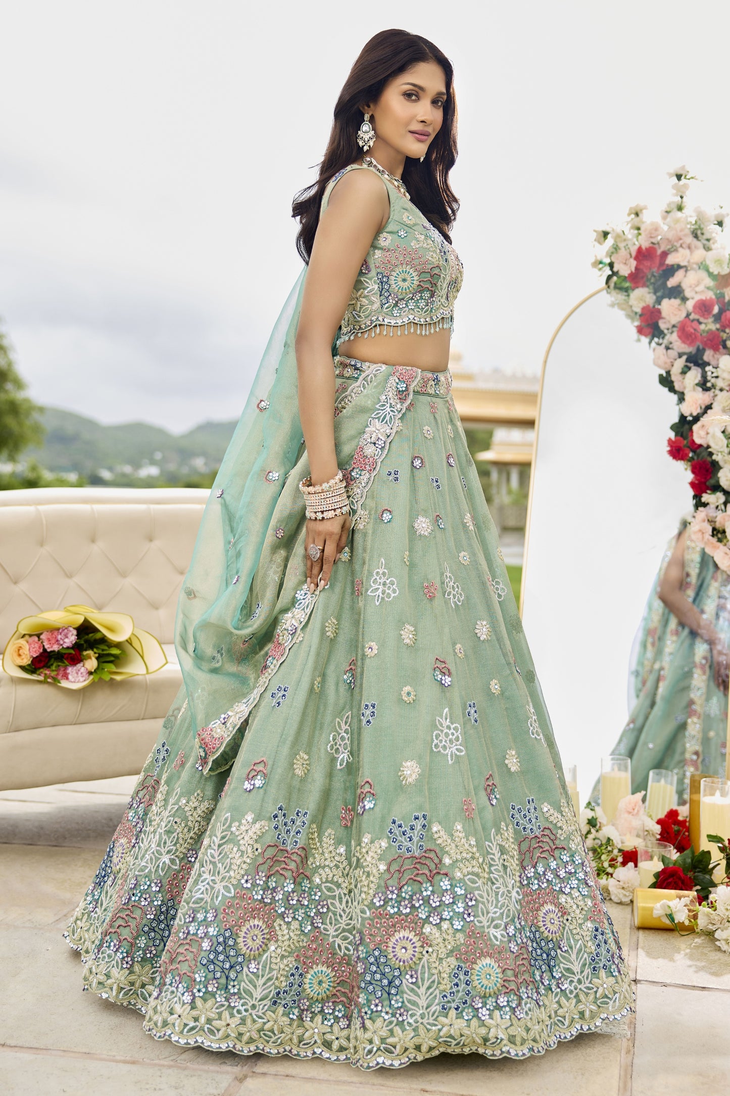 Latest Pista Green Satin Silk Embroidered Lehenga Choli with Dupatta