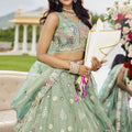 Latest Pista Green Satin Silk Embroidered Lehenga Choli with Dupatta