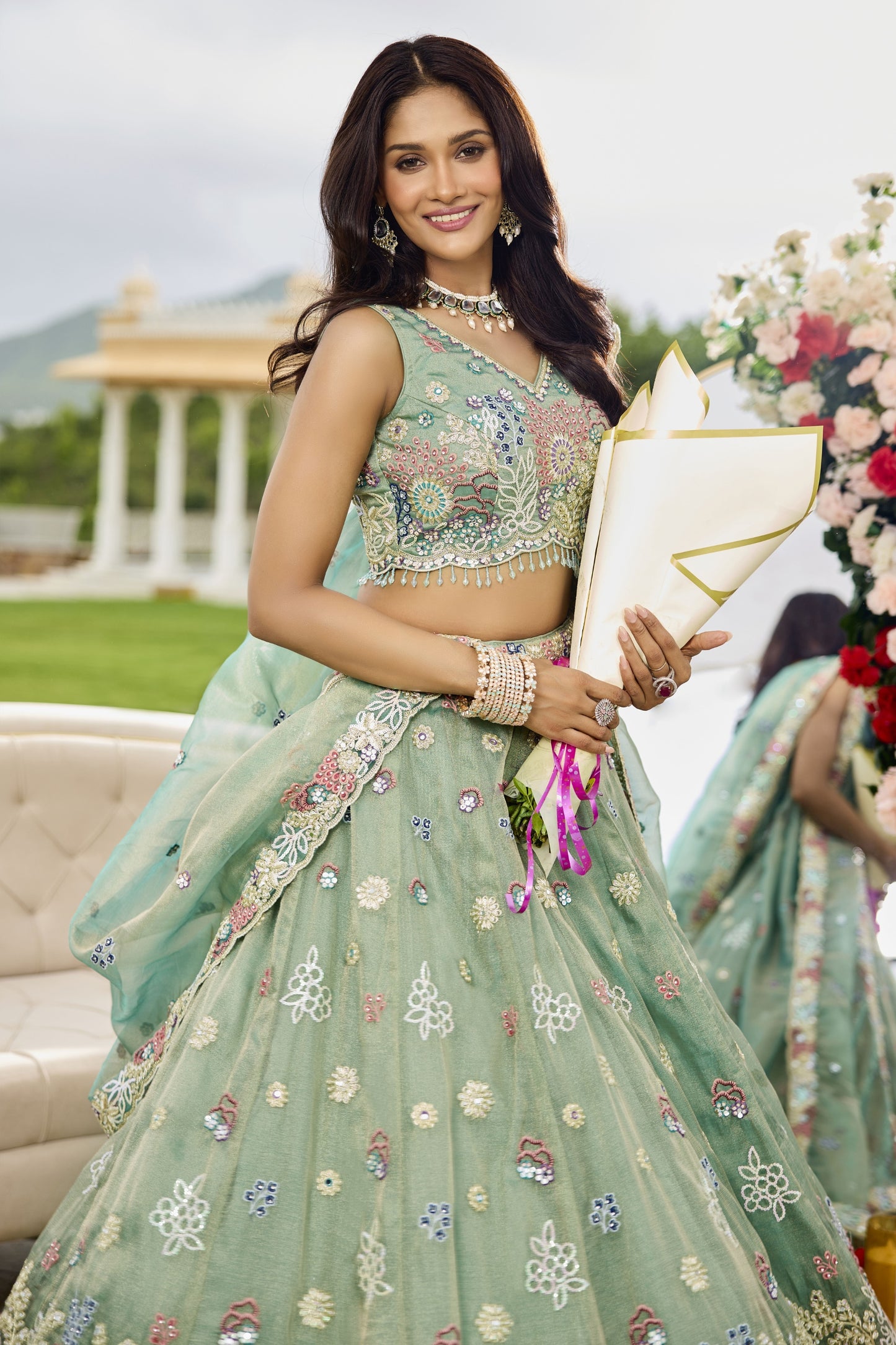 Latest Pista Green Satin Silk Embroidered Lehenga Choli with Dupatta