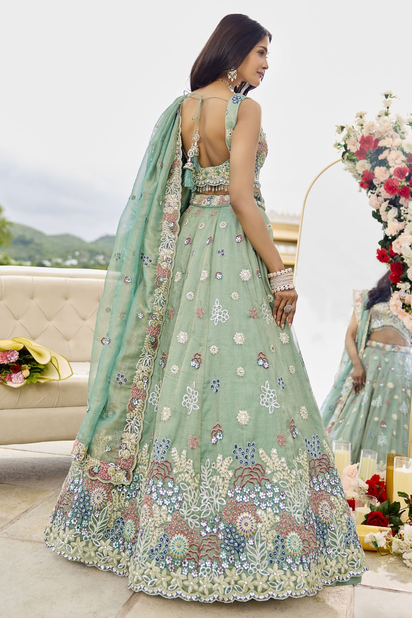 Latest Pista Green Satin Silk Embroidered Lehenga Choli with Dupatta