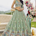 Latest Pista Green Satin Silk Embroidered Lehenga Choli with Dupatta