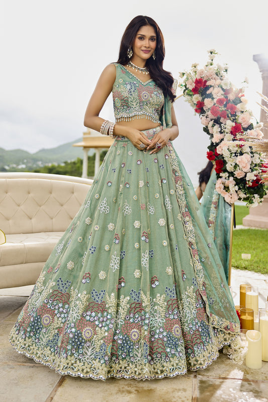 Latest Pista Green Satin Silk Embroidered Lehenga Choli with Dupatta