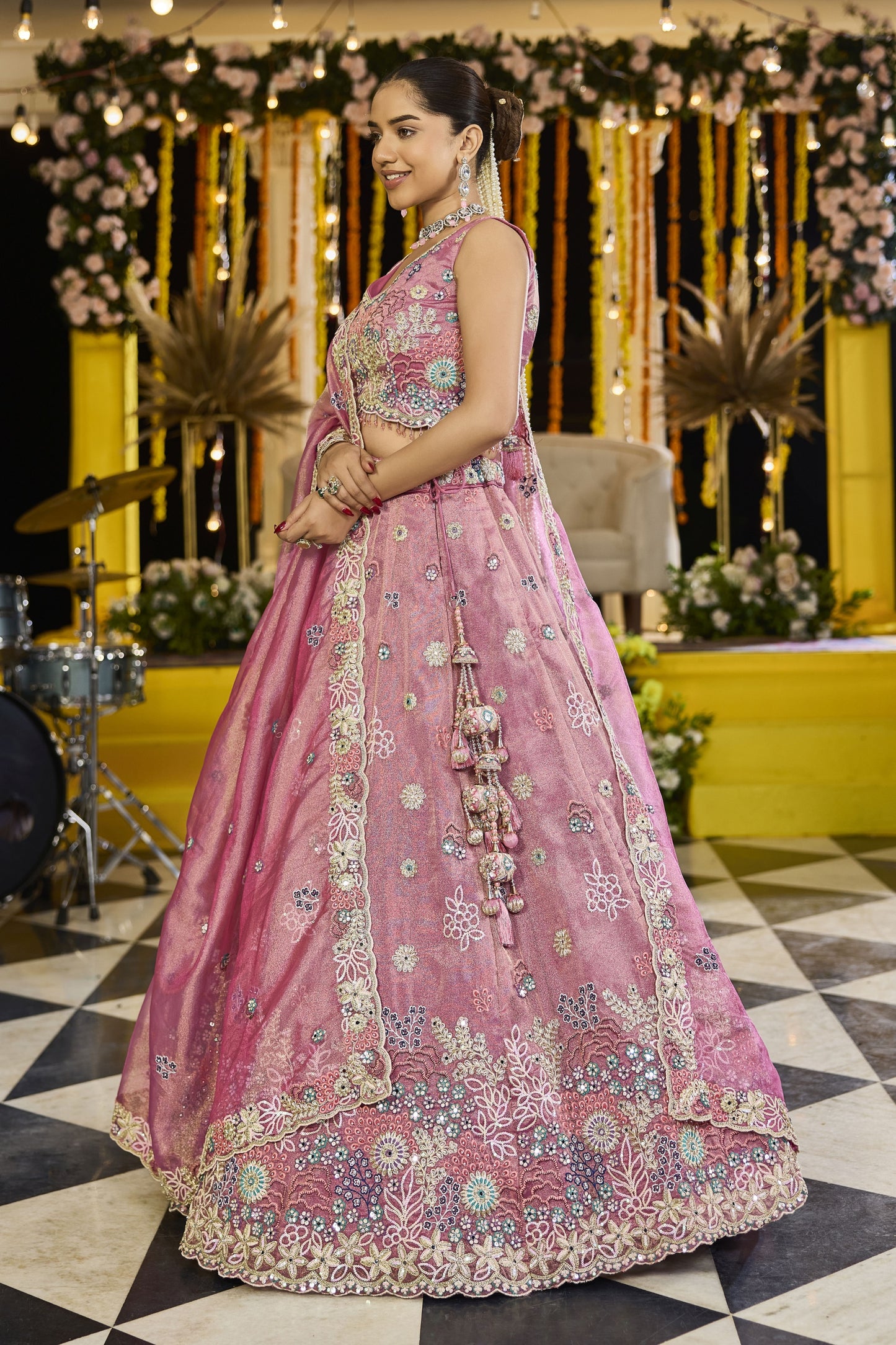 Beautiful Pink Satin Silk Embroidered Lehenga Choli with Dupatta