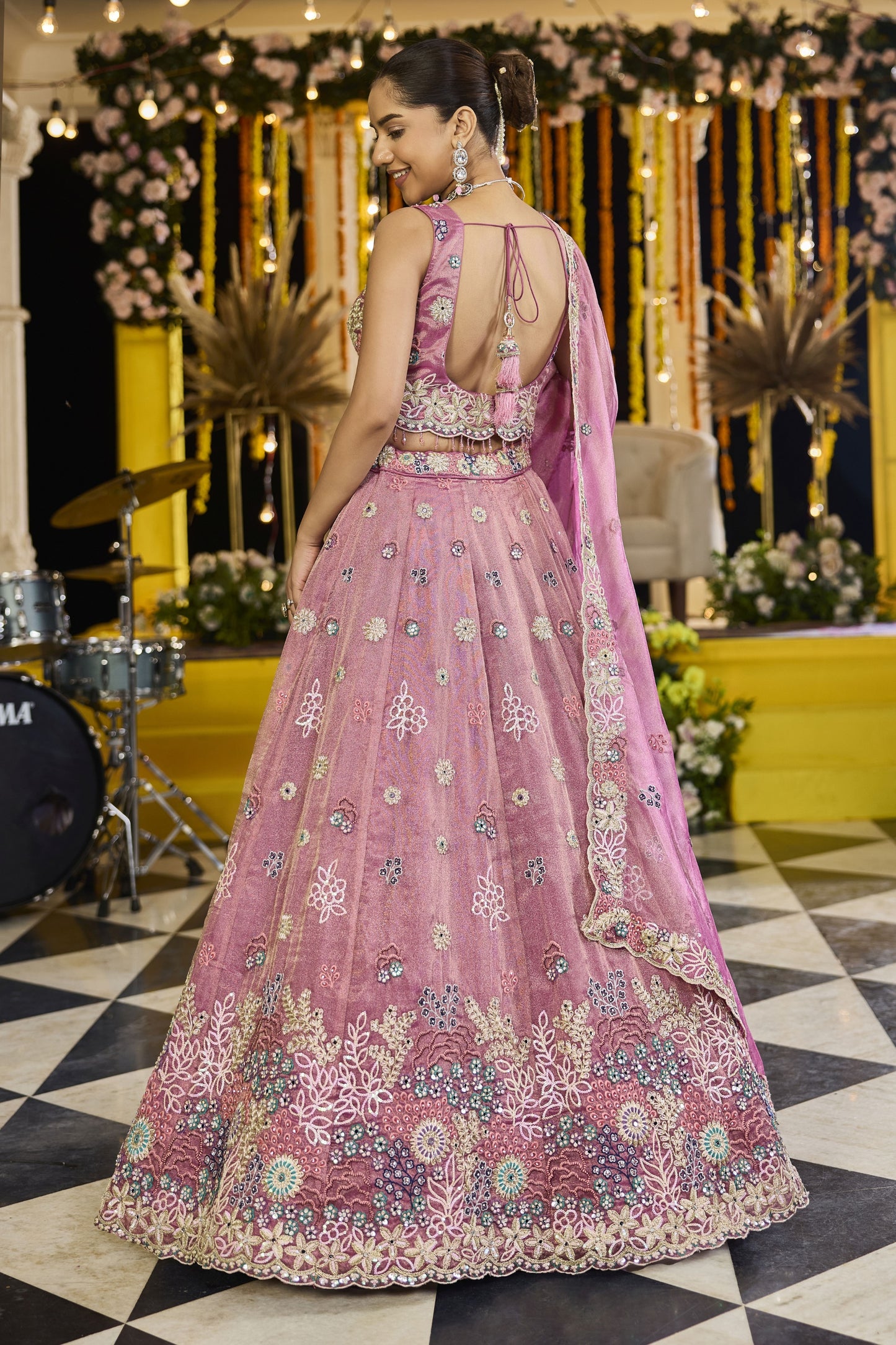 Beautiful Pink Satin Silk Embroidered Lehenga Choli with Dupatta