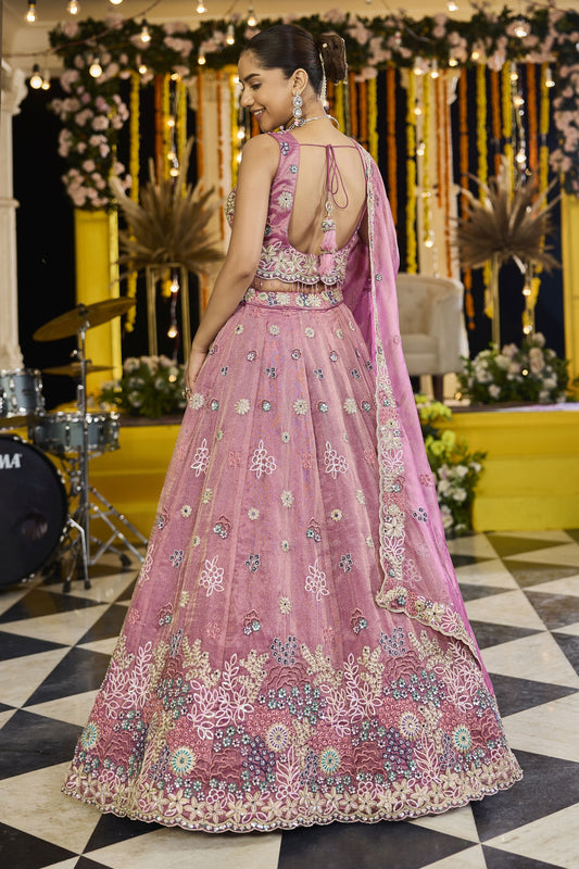 Beautiful Pink Satin Silk Embroidered Lehenga Choli with Dupatta
