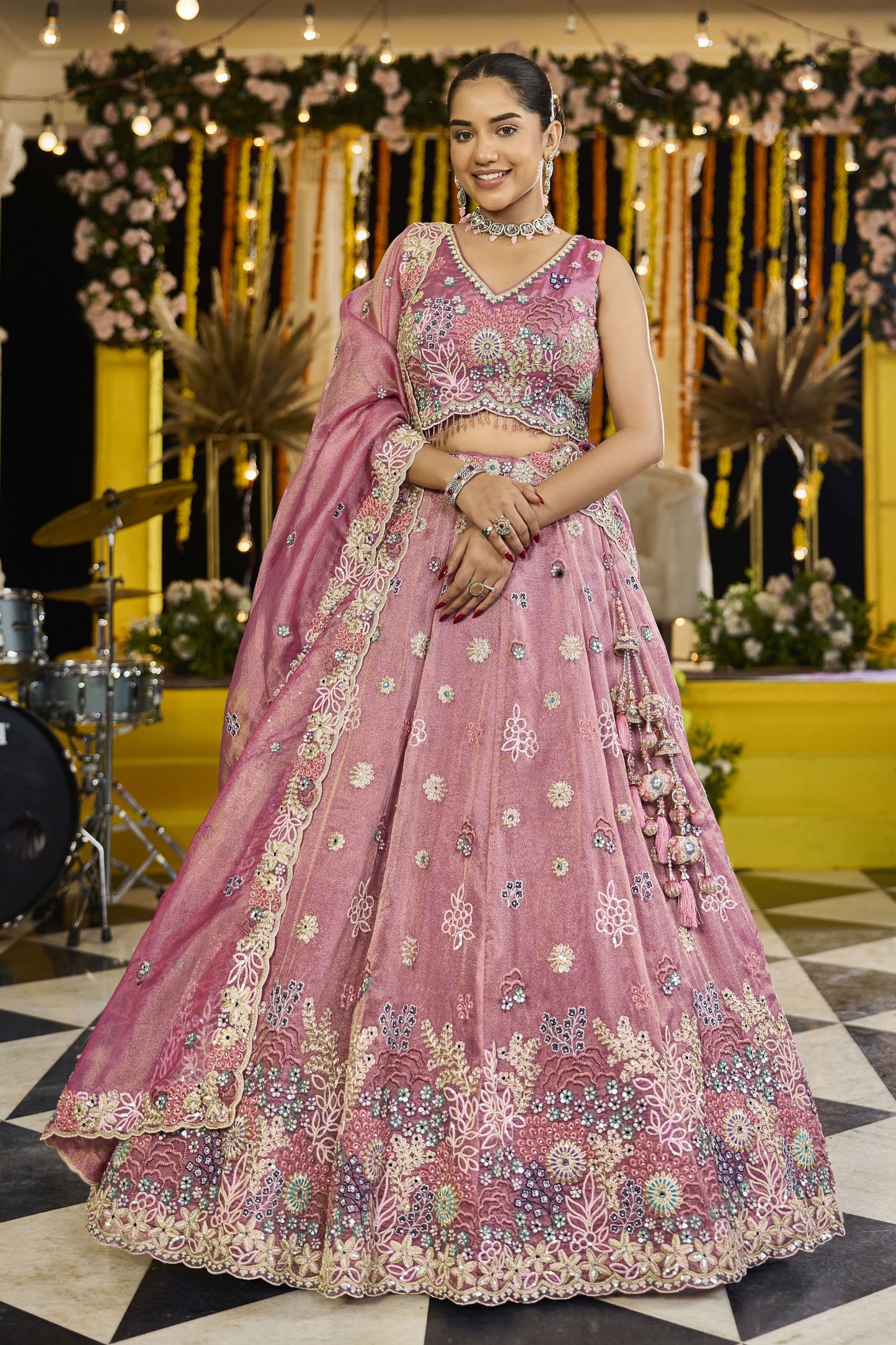 Beautiful Pink Satin Silk Embroidered Lehenga Choli with Dupatta