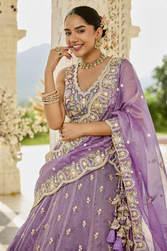 Gorgeous Purple Satin Silk Embroidered Lehenga Choli with Dupatta