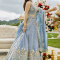 Delicate Sky Blue Satin Silk Embroidered Lehenga Choli with Dupatta