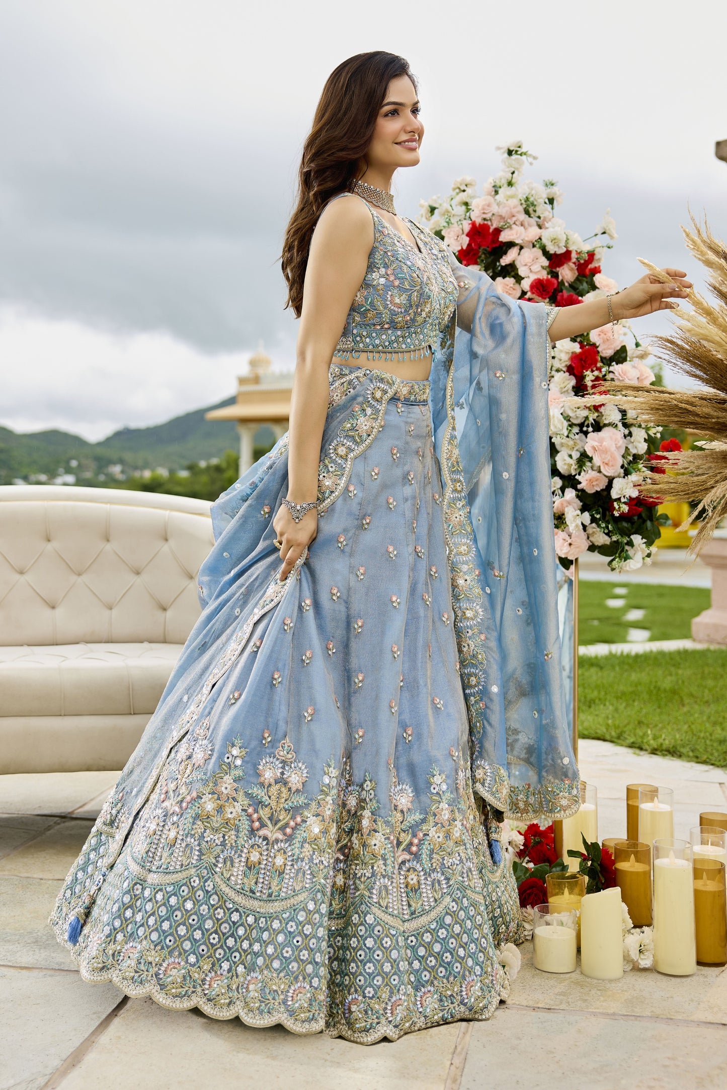 Delicate Sky Blue Satin Silk Embroidered Lehenga Choli with Dupatta